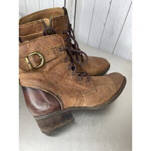 BORN Misty Light Brown Women's Sz 6.5 Lace Up Leather Combat Heel Bootie
